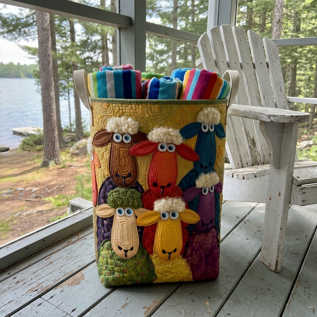 Colourful Flock sheep basket with beach towels on a cottage porch