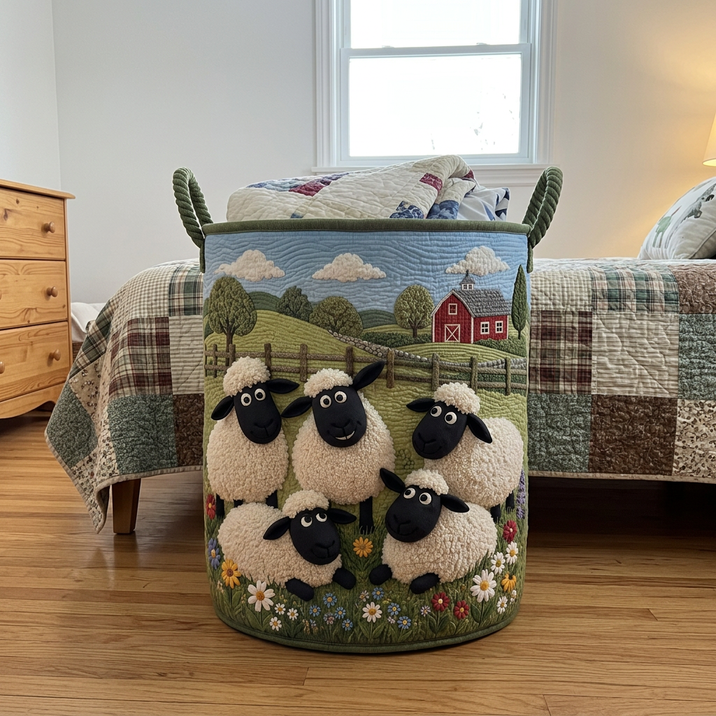 Green Pastures sheep basket at the foot of a guest bed