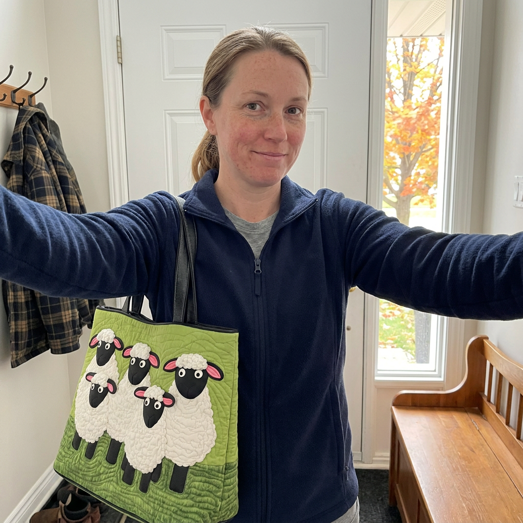 Customer selfie with the Annapolis Clover sheep tote