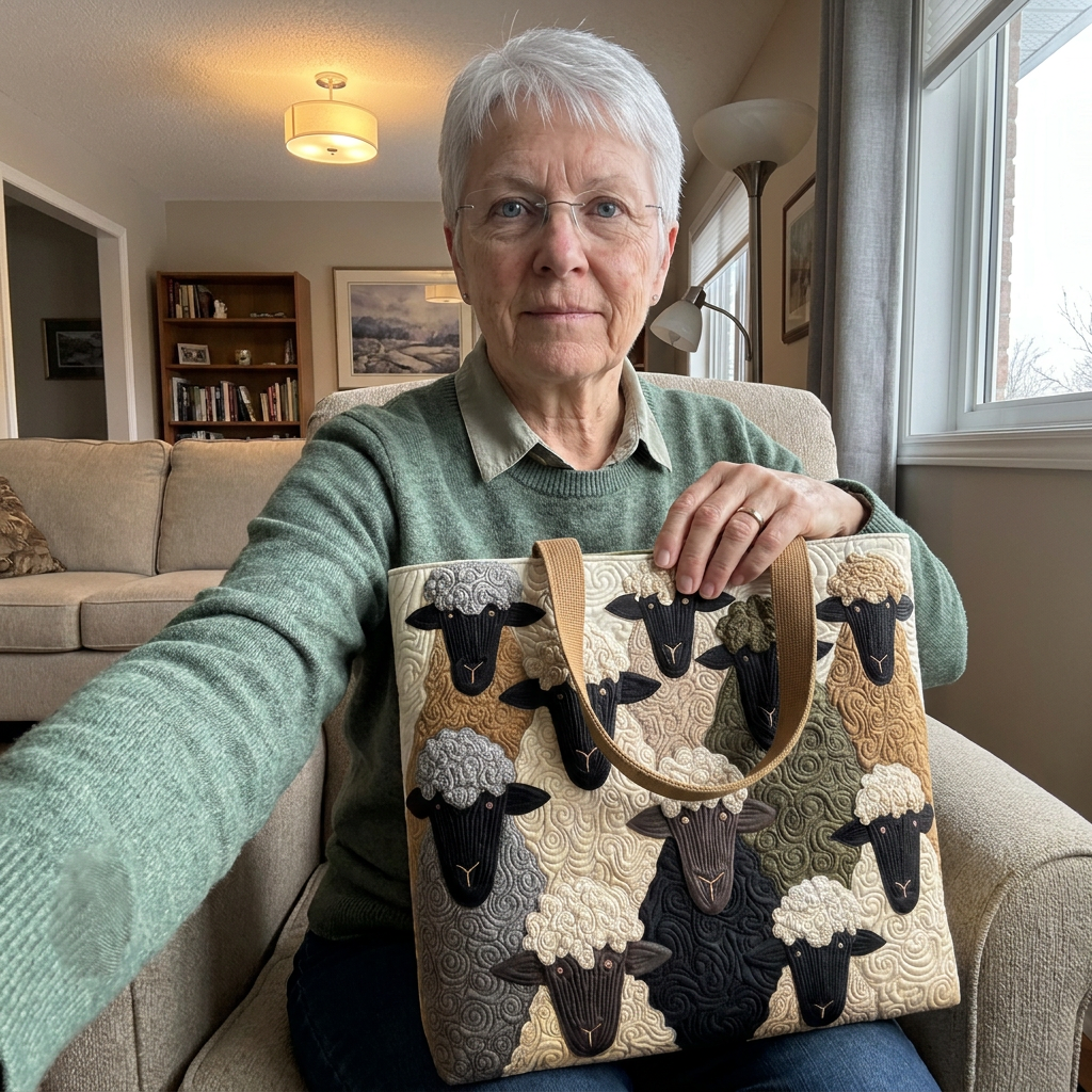 Customer selfie with the Cape Breton Fog sheep tote