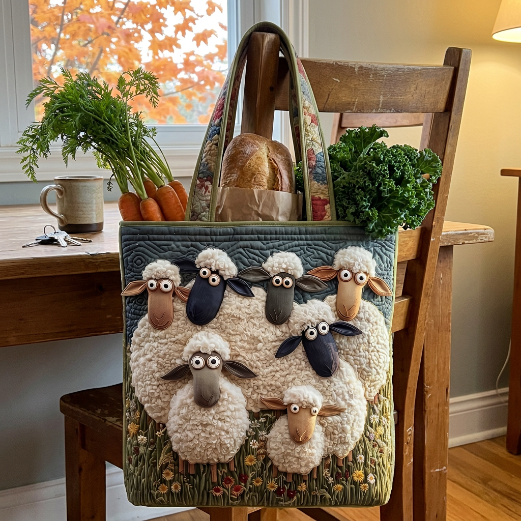 Lupine Meadow sheep tote with market groceries on a kitchen chair