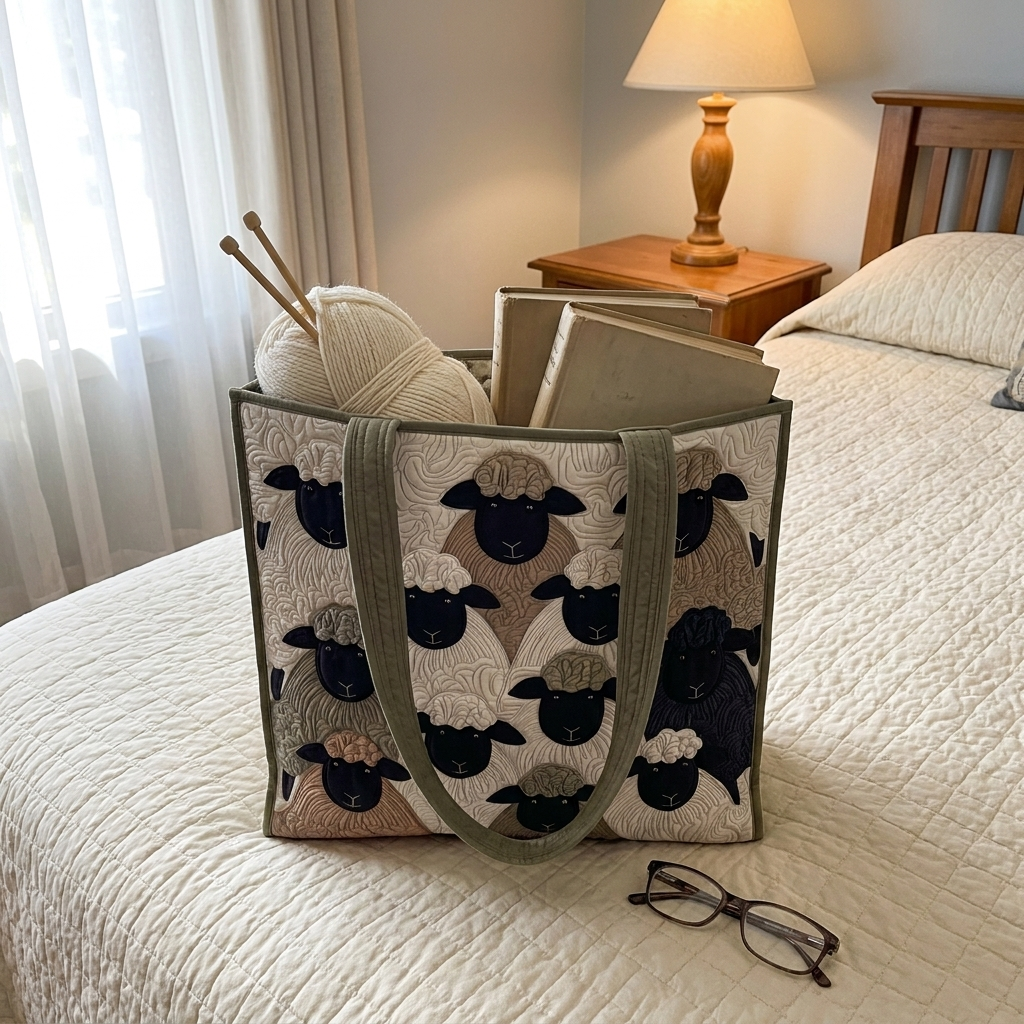Driftwood sheep tote with knitting on a bed