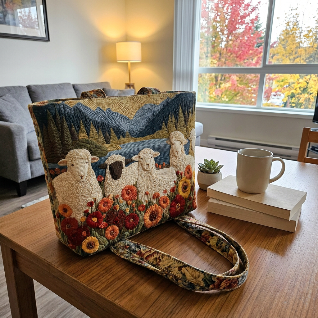 Highlands Meadow sheep tote on a dining table