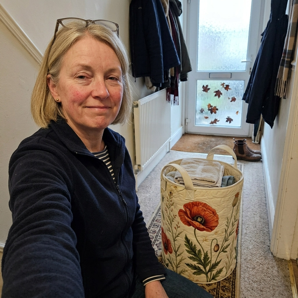 Customer selfie in her hallway with the Red Poppies basket