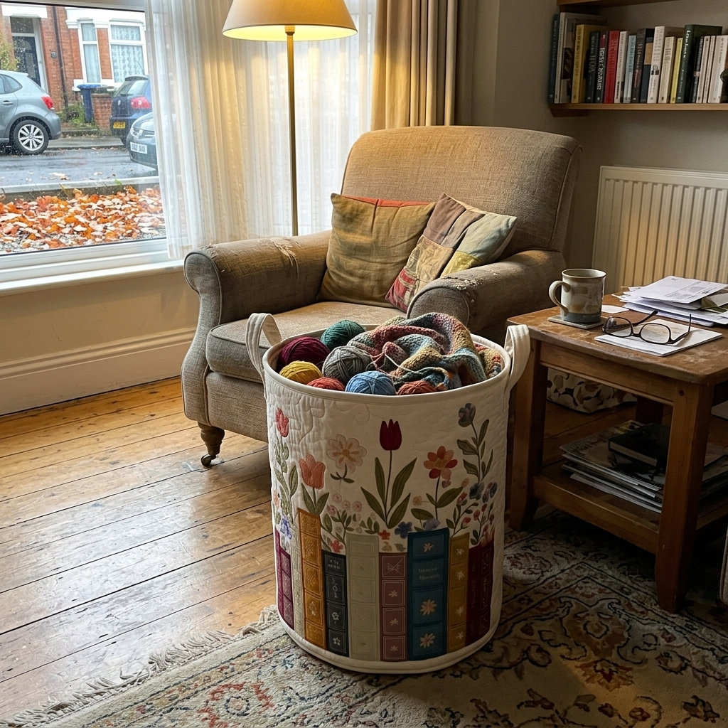 Book Garden basket with wool next to an armchair