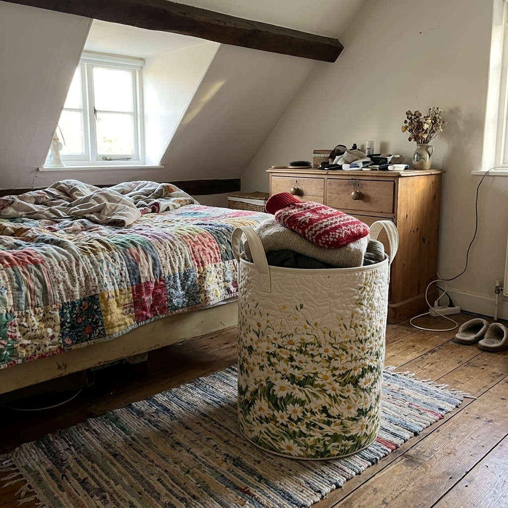 Daisy Field basket at the foot of a cottage bed