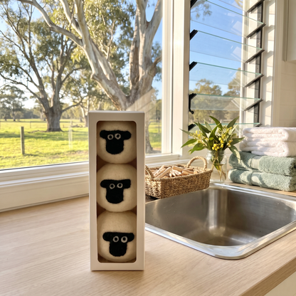 Merrilyn's sheep wool dryer balls in a window gift box