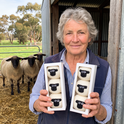 Merrilyn Dunstan holding two boxes of her sheep dryer balls