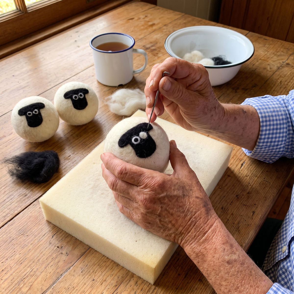 Needle-felting a black sheep face onto a wool ball