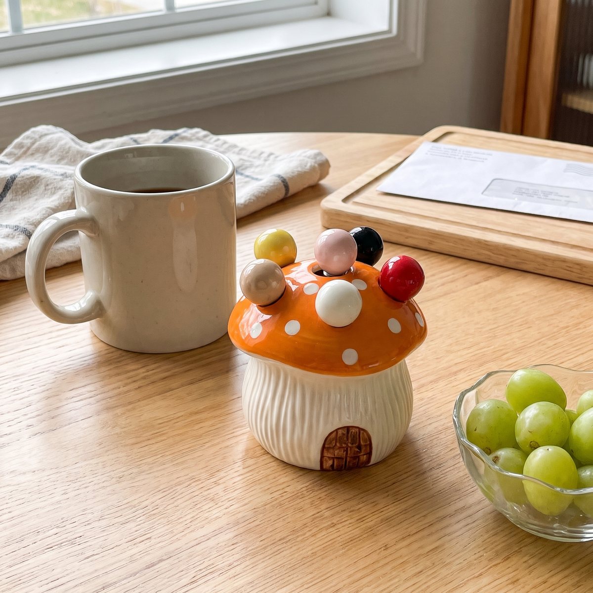 Gloria's mushroom fork house, orange cap, with six colored forks
