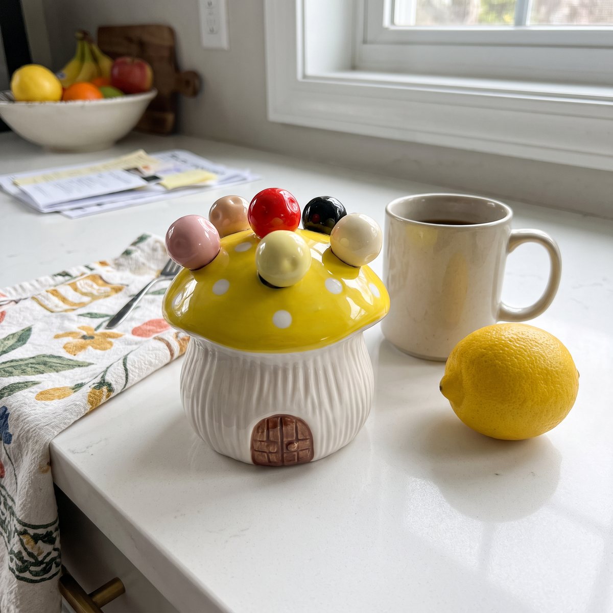 Gloria's mushroom fork house, yellow cap, with six colored forks