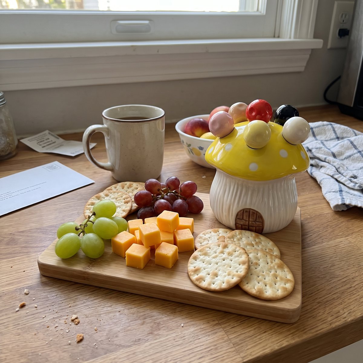 Yellow mushroom fork house on a cheese board
