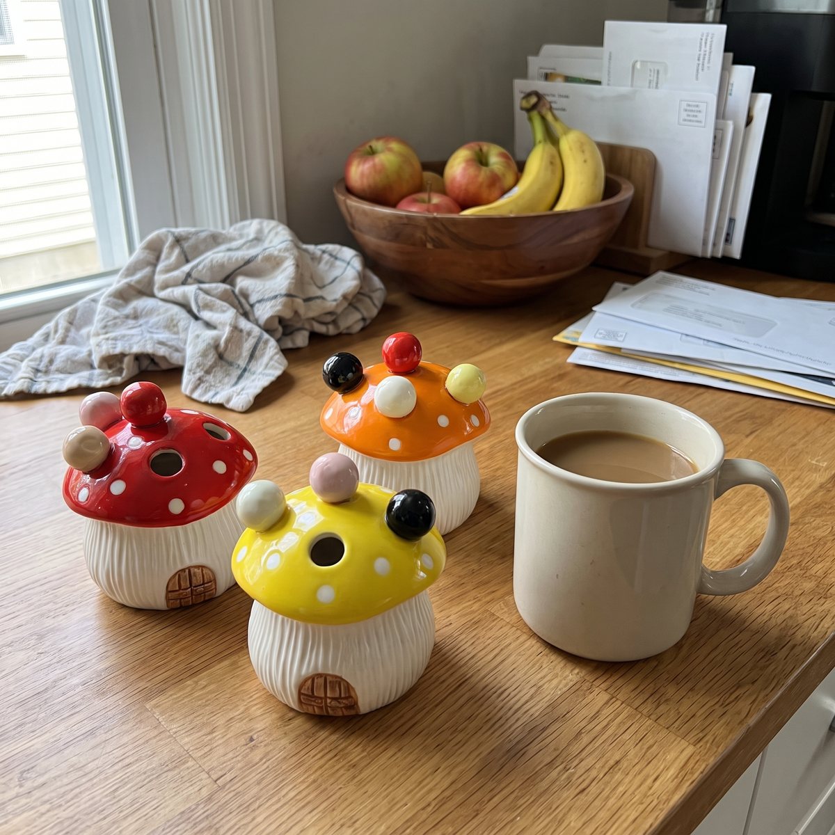 Red, orange and yellow mushroom fork houses together