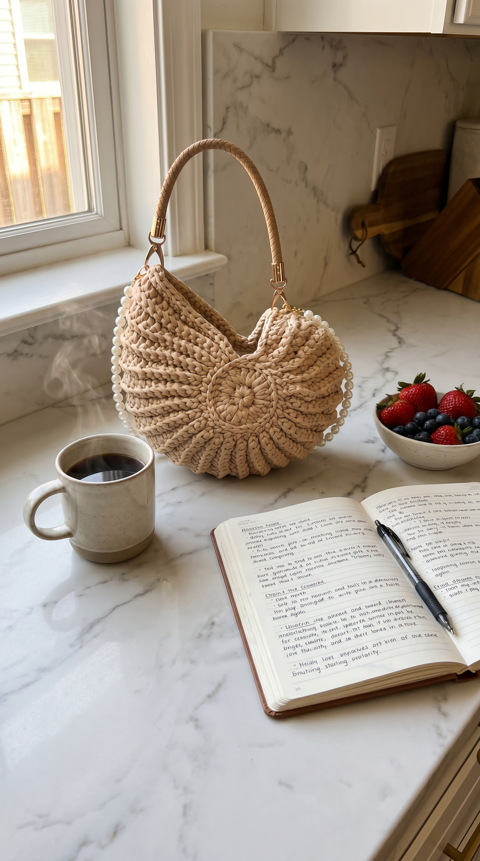 Customer photo of the whelk handbag on a train station bench