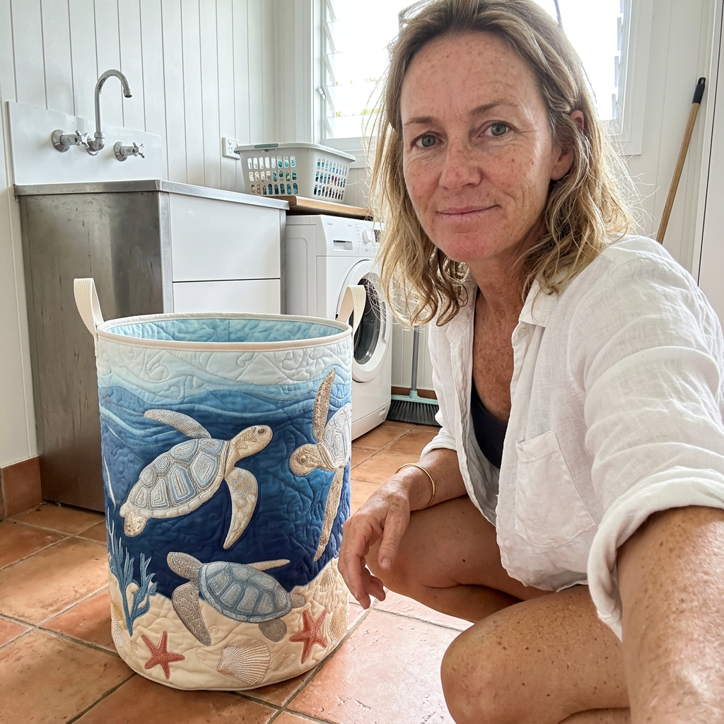 Customer with Sea Turtles basket in laundry