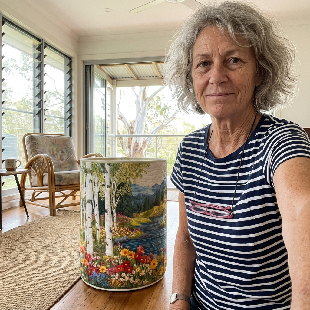 Customer with River and Wildflowers basket in lounge