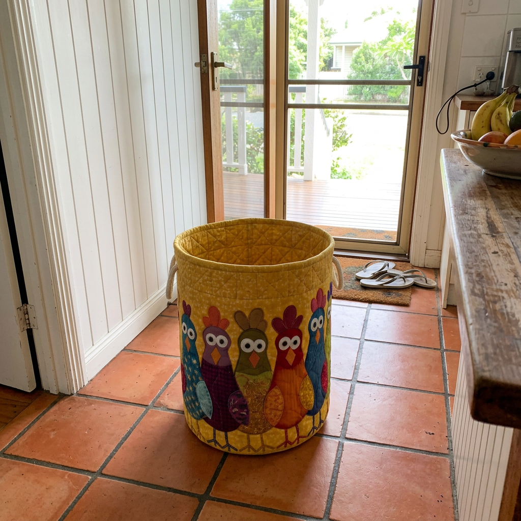 Funny Chickens basket by the back door