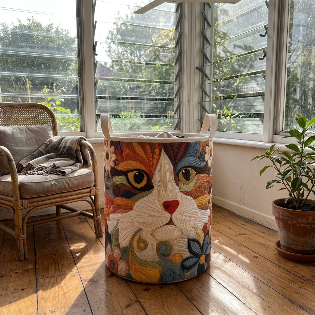 Patchwork Cat basket in sunroom