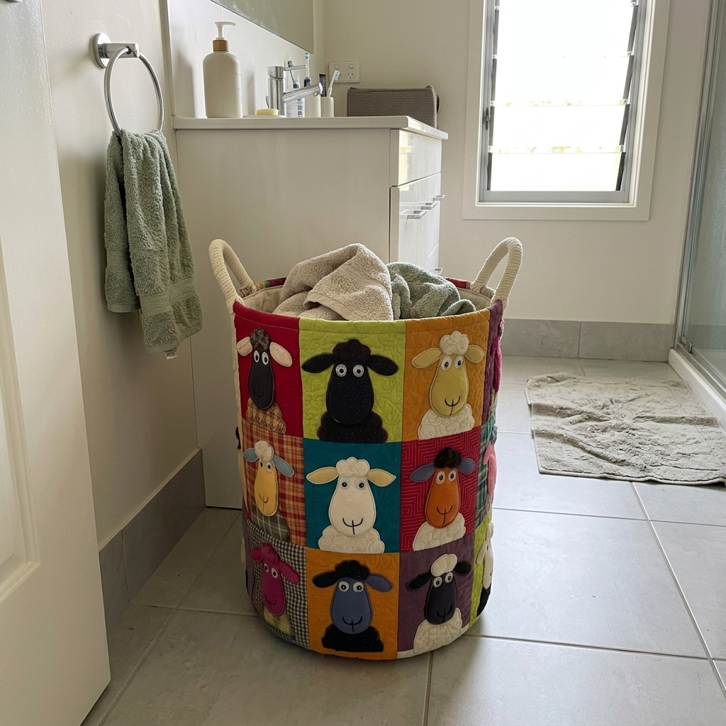 Colourful Sheep basket in bathroom