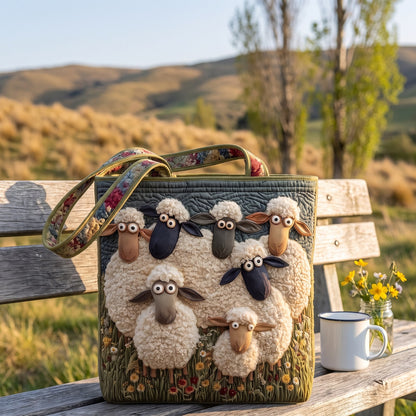 Spring Paddock quilted sheep tote on a timber bench by a schist stone cottage in Central Otago