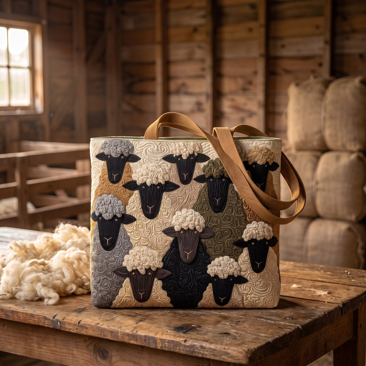 Merino Mob quilted sheep tote on a wool table in an old New Zealand woolshed