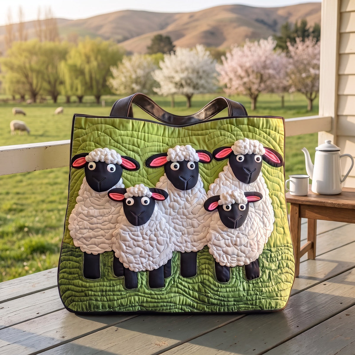 Clover Paddock quilted sheep tote on a farmhouse veranda in spring