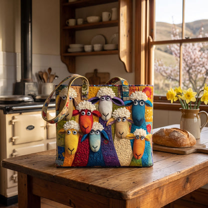 Patchwork Mob sheep tote on a rimu kitchen bench in a Central Otago farmhouse