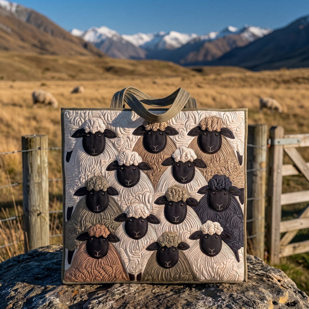 Tussock Brown quilted sheep tote on a schist boulder in the high country
