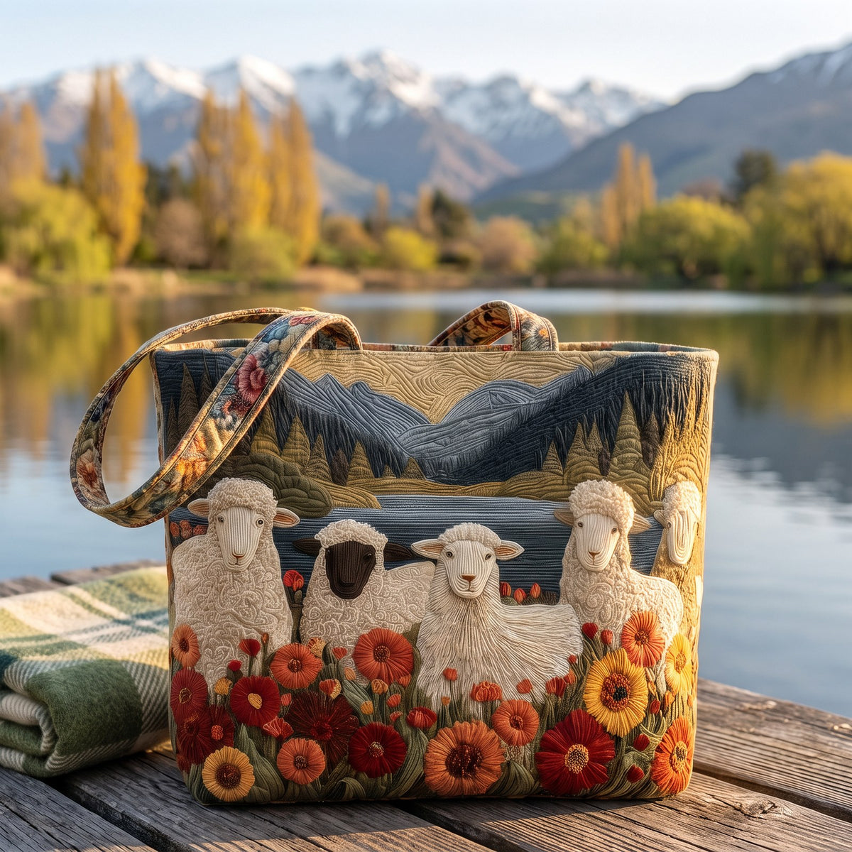 Southern Alps quilted sheep tote on a lakeside jetty in Central Otago