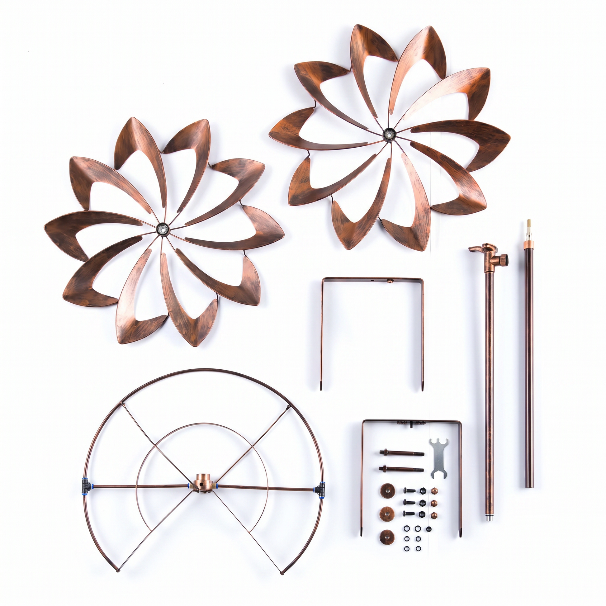 Disassembled parts and hardware for the hydro wind spinner