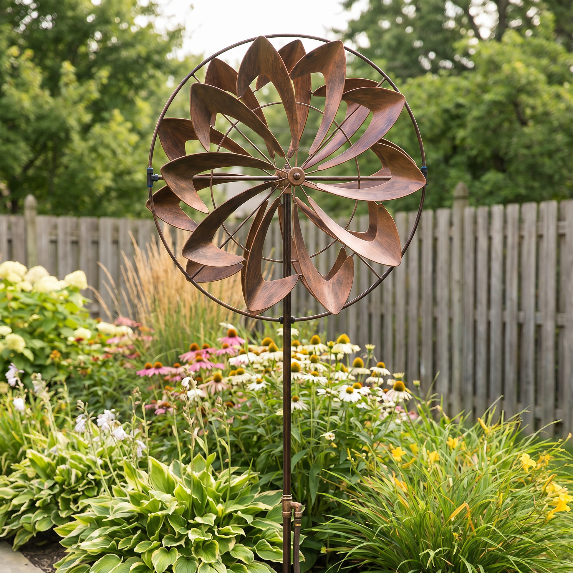 Hydro wind spinner installed in a backyard garden