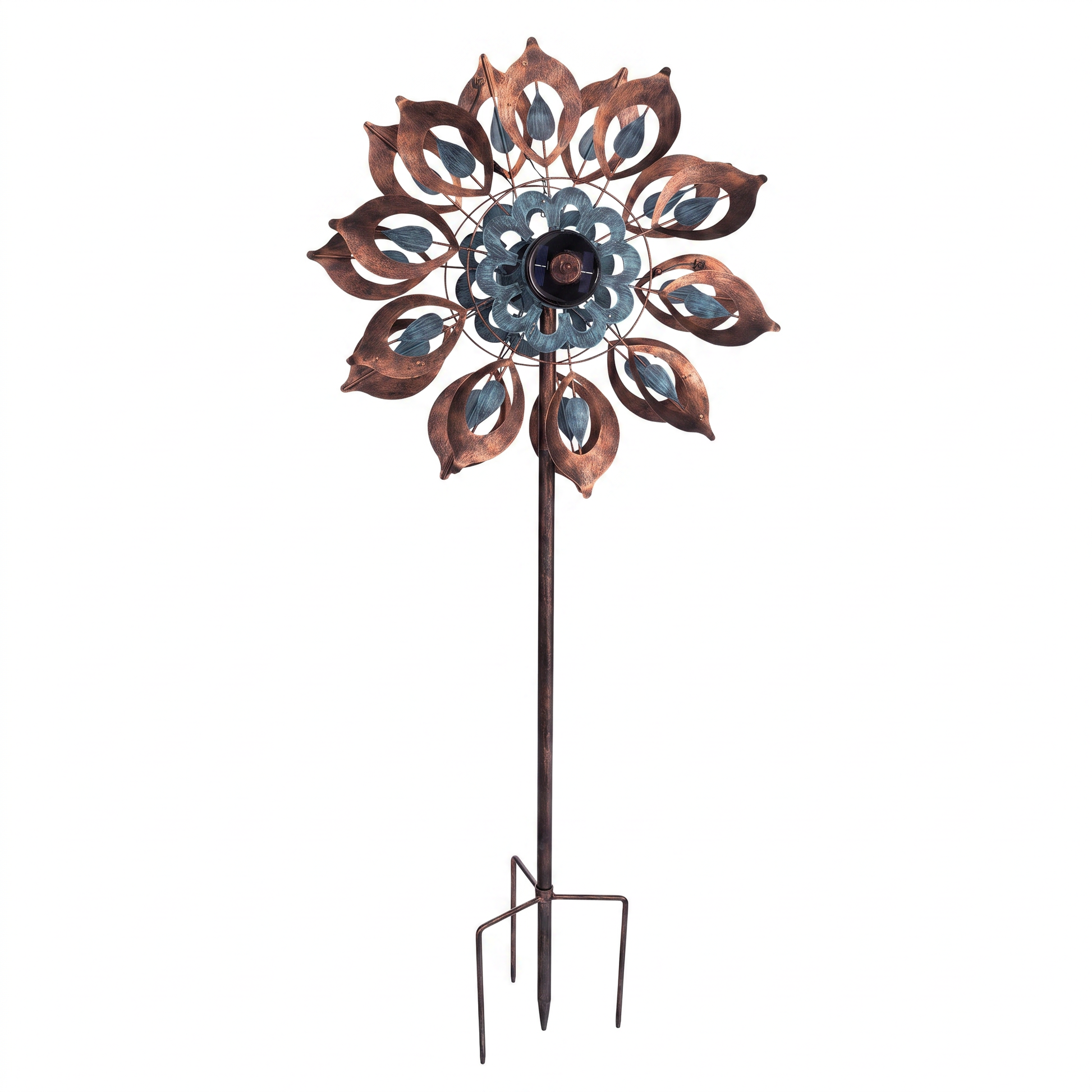 Full view of the antique blue and copper lily solar wind spinner