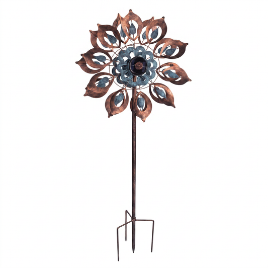 Full view of the antique blue and copper lily solar wind spinner