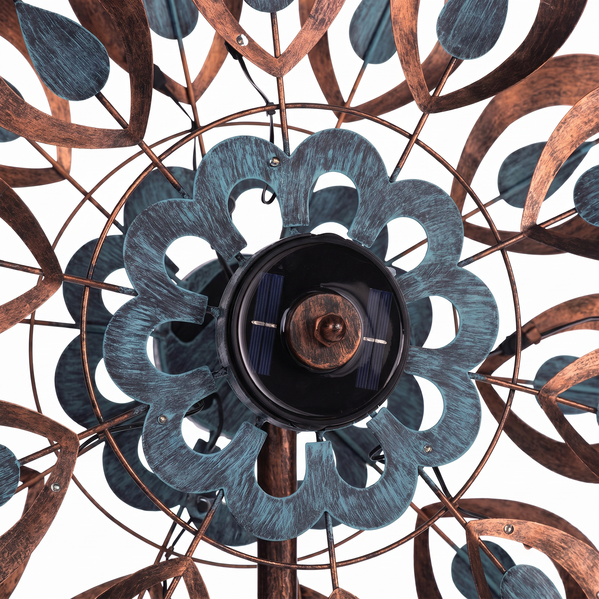 Integrated solar panel and blue floral center detail