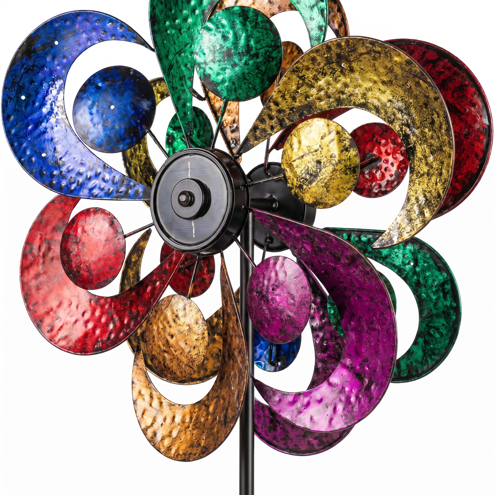 Close-up of hammered jewel-tone crescent petals and circle accents