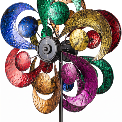 Close-up of hammered jewel-tone crescent petals and circle accents
