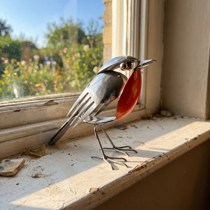 Artie's Handmade Metal Robin product image 3: polished silver recycled cutlery robin with red-orange spoon breast