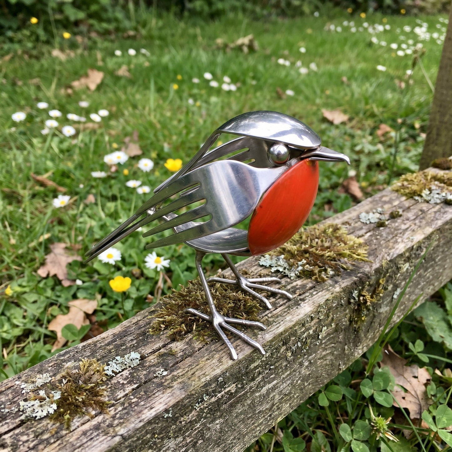 Artie's Handmade Metal Robin product image 4: polished silver recycled cutlery robin with red-orange spoon breast