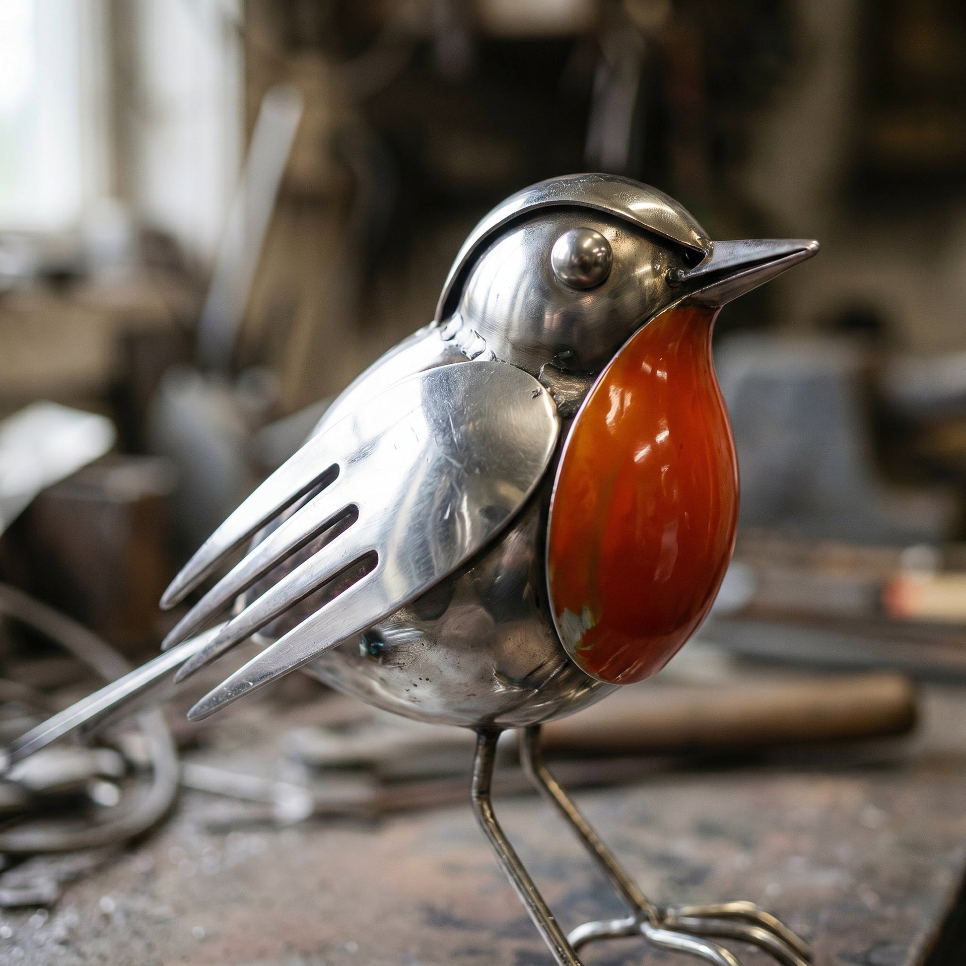 Artie's Handmade Metal Robin product image 5: polished silver recycled cutlery robin with red-orange spoon breast