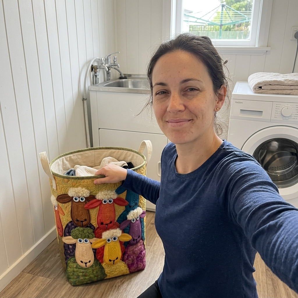 Customer selfie with Colourful Flock sheep basket in her laundry