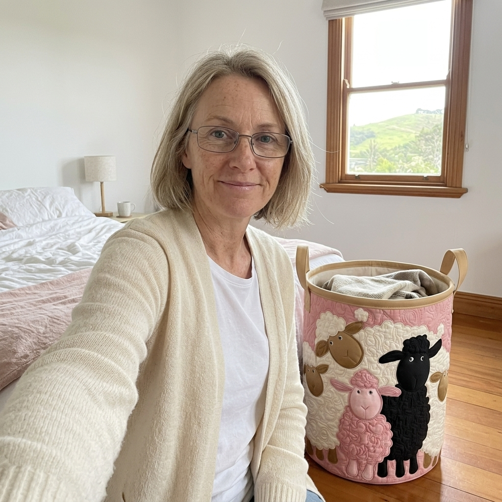 Customer selfie with Pink Flock sheep basket in her bedroom