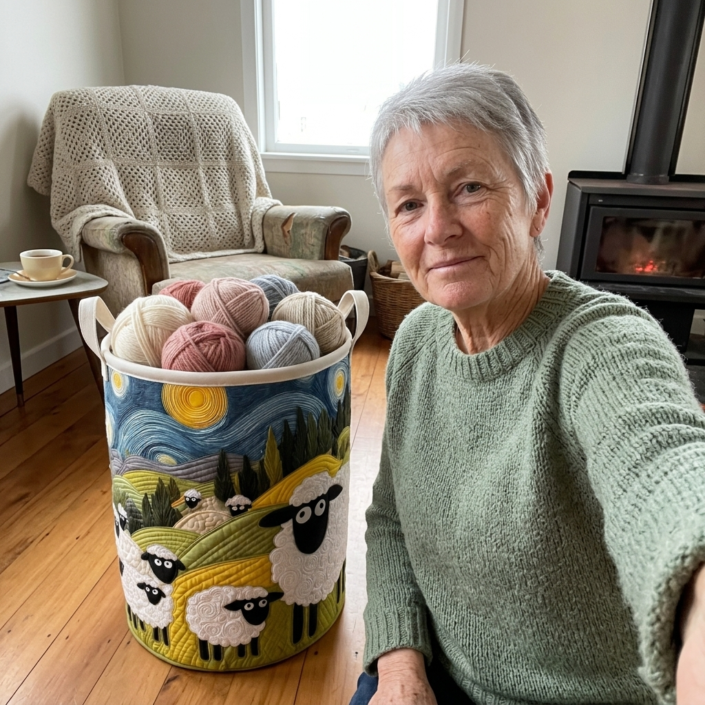 Customer selfie with Starry Night sheep basket full of wool