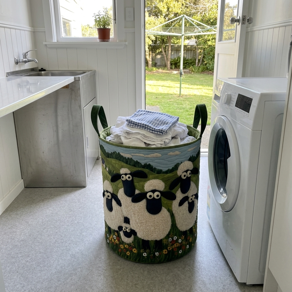 Cosy Meadow sheep basket in a New Zealand laundry