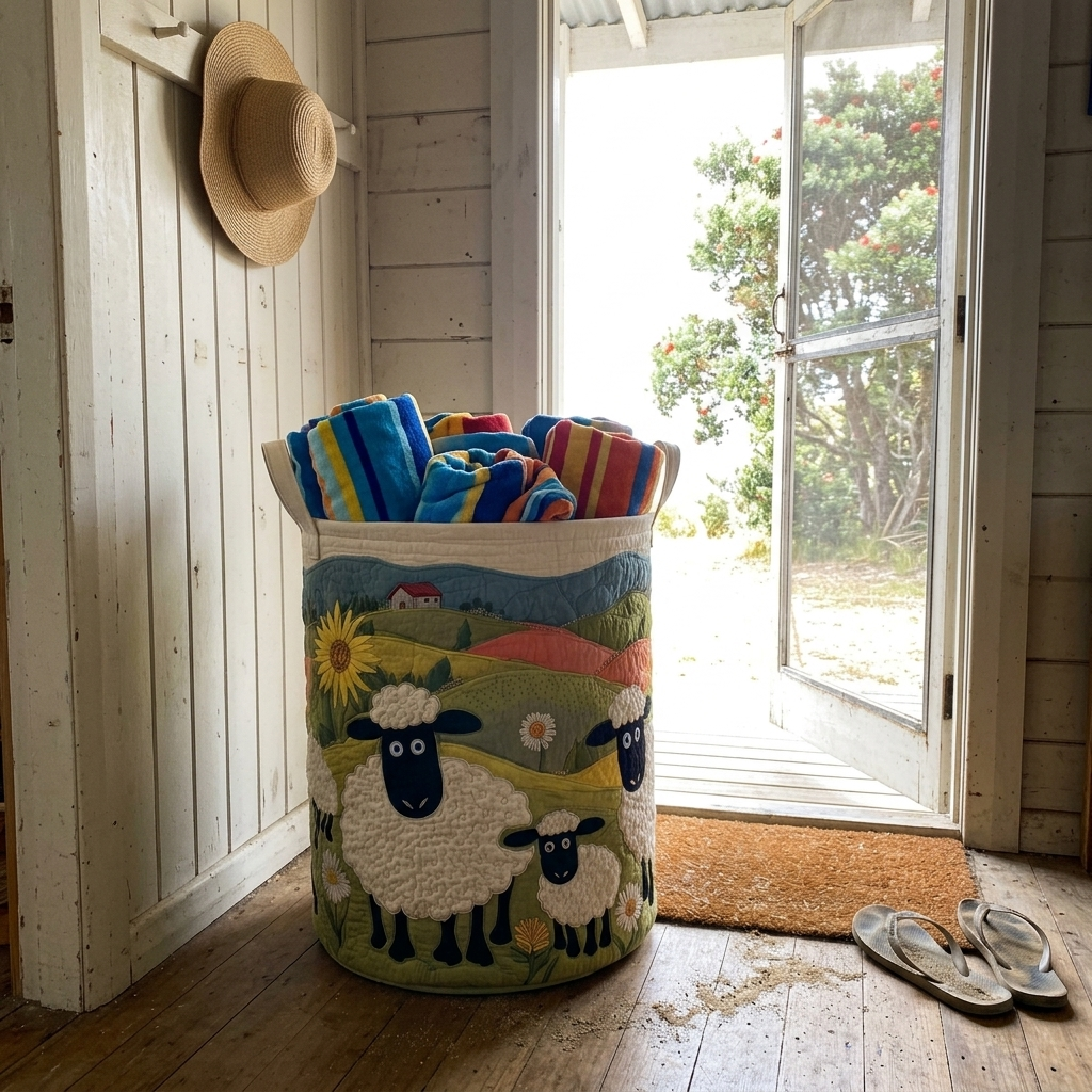 Pastoral Flock sheep basket with beach towels at the bach