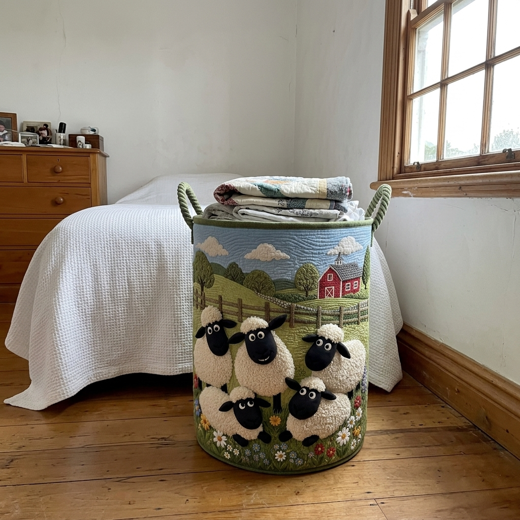 Green Pastures sheep basket in a spare bedroom