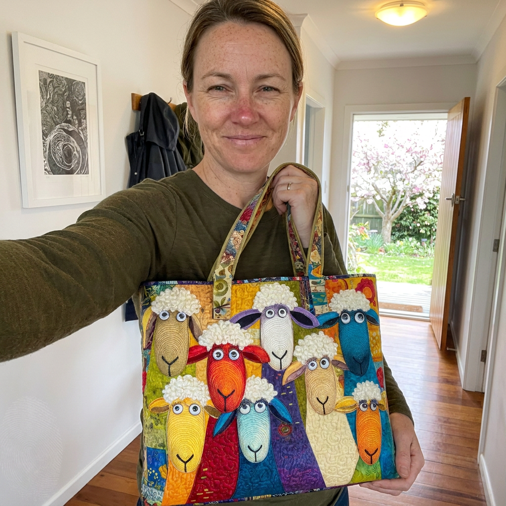 Customer selfie with the Patchwork Mob sheep tote