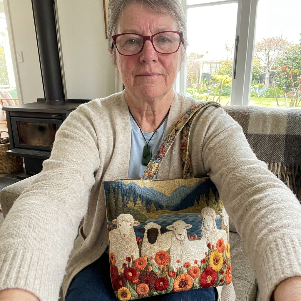 Customer selfie with the Southern Alps sheep tote