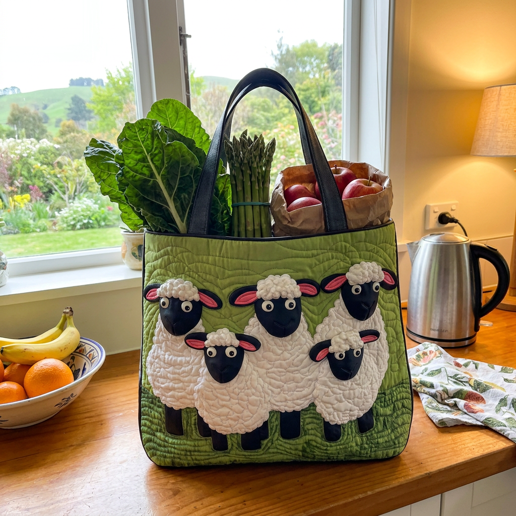 Clover Paddock sheep tote with market vegetables on a kitchen bench