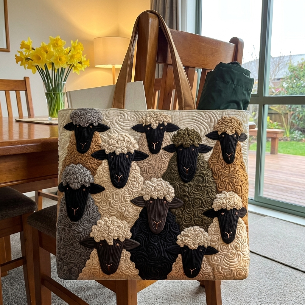 Merino Mob sheep tote hanging on a dining chair
