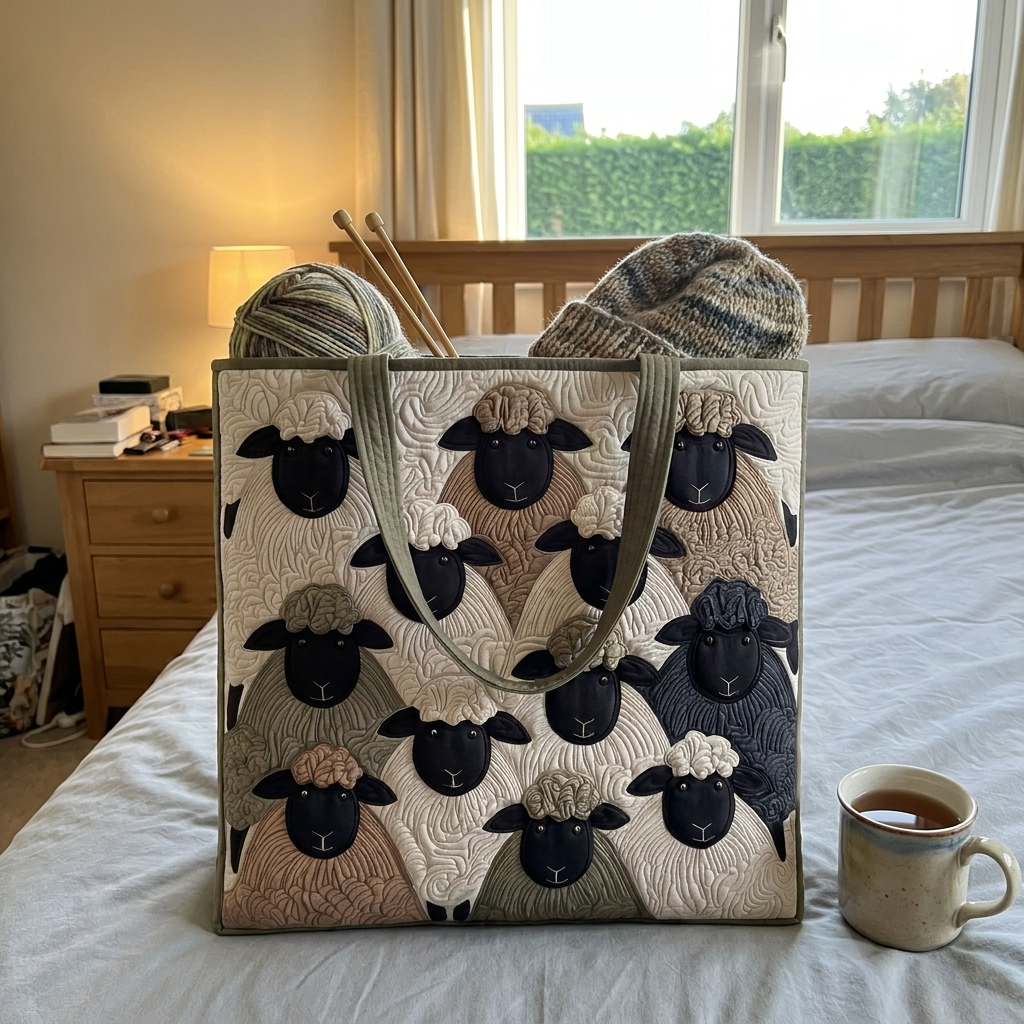 Tussock Brown sheep tote with knitting on a bed
